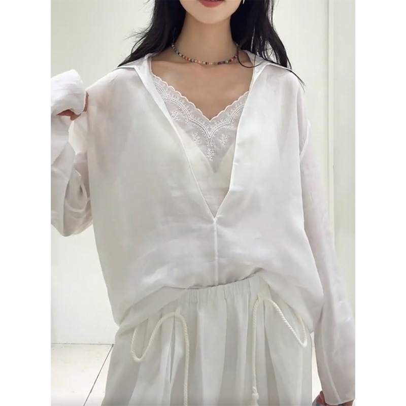 Ed Ramie Embroidery Two-Piece Set Embroidered Shirt Long Sleeve V-Neck Thin Top 26 Summer New Style Shirt Jacket