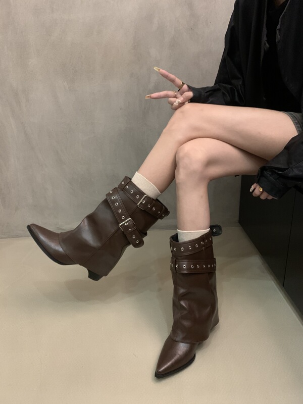 美式辣妹皮带扣裤管靴短筒靴女靴2025早秋新款小众设计短靴西部靴|undefined