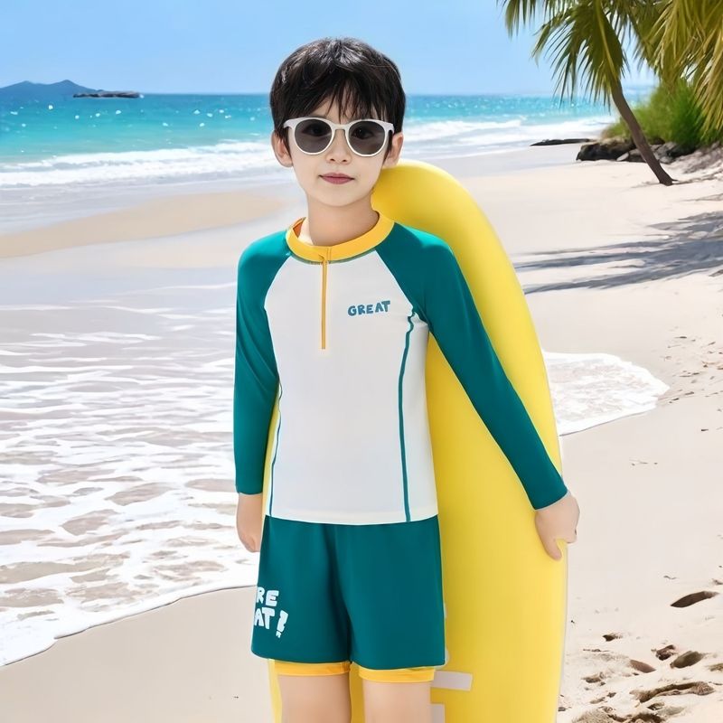 子供水着男の子スプリット2025新しい男の子水着中大子供とティーンエイジャー長袖日焼け止め水泳パンツ夏|undefined