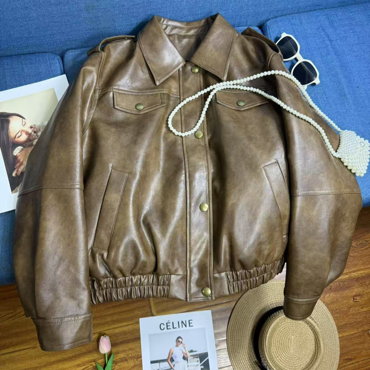 Winter Vintage brown PU Leather Coat Women's Down Liner Leather Jacket Loose Warm Loose Biker Clothing Short Trendy Women