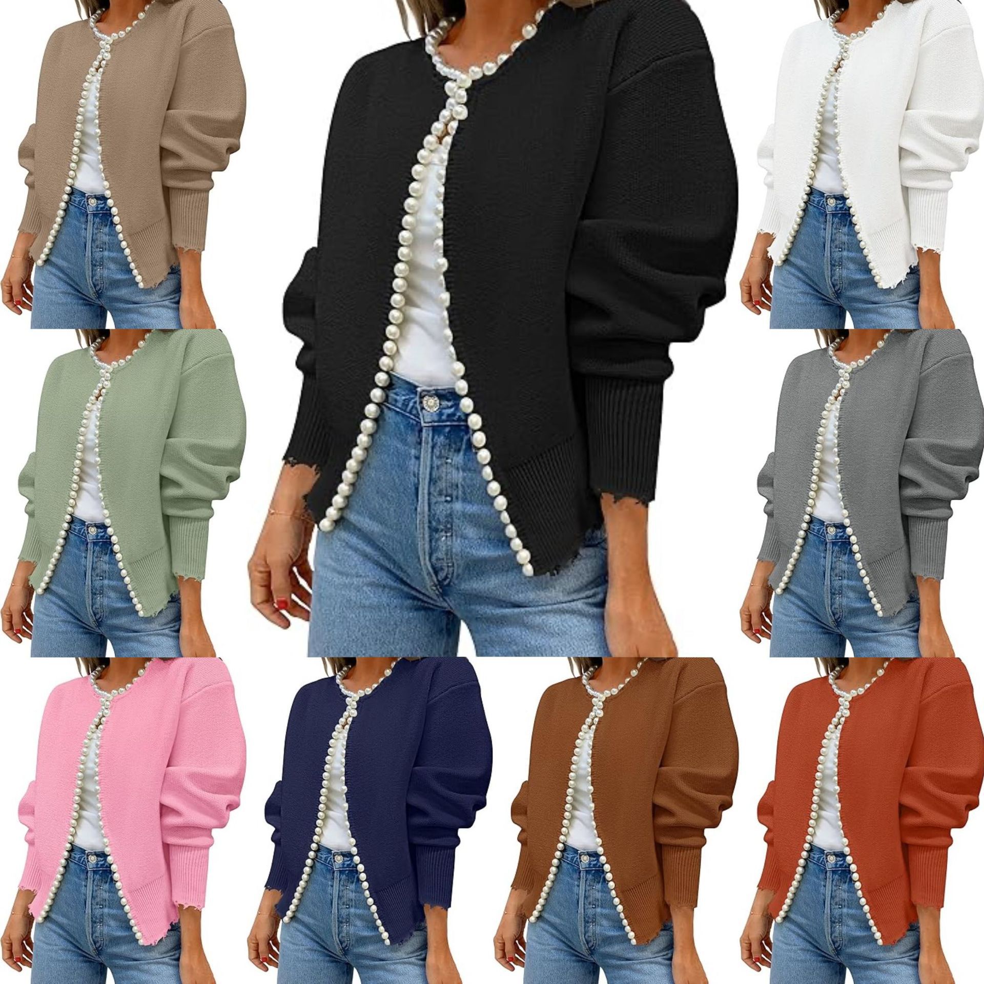 2024 Amazon New Knitted Cardigan Jacket Pearl Decorated Irregular Fragrant French Style Sweater