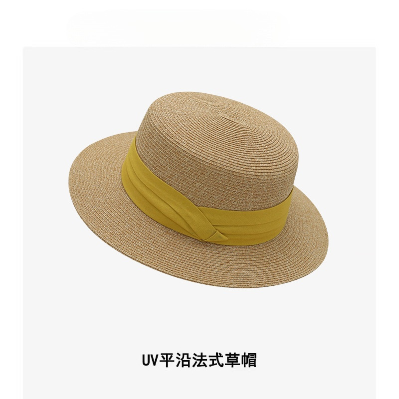 日本製 UV 抗 UV フラットつばフラットトップ麦わら帽子エレガントなリボン夏の日焼け止め帽子女性用|undefined
