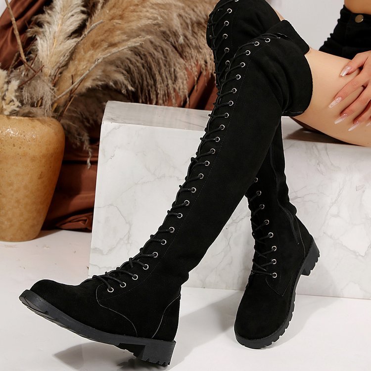 Bottes sexy au-dessus du genou en daim à bordure croisée et à bout rond pour femmes_voghion.com