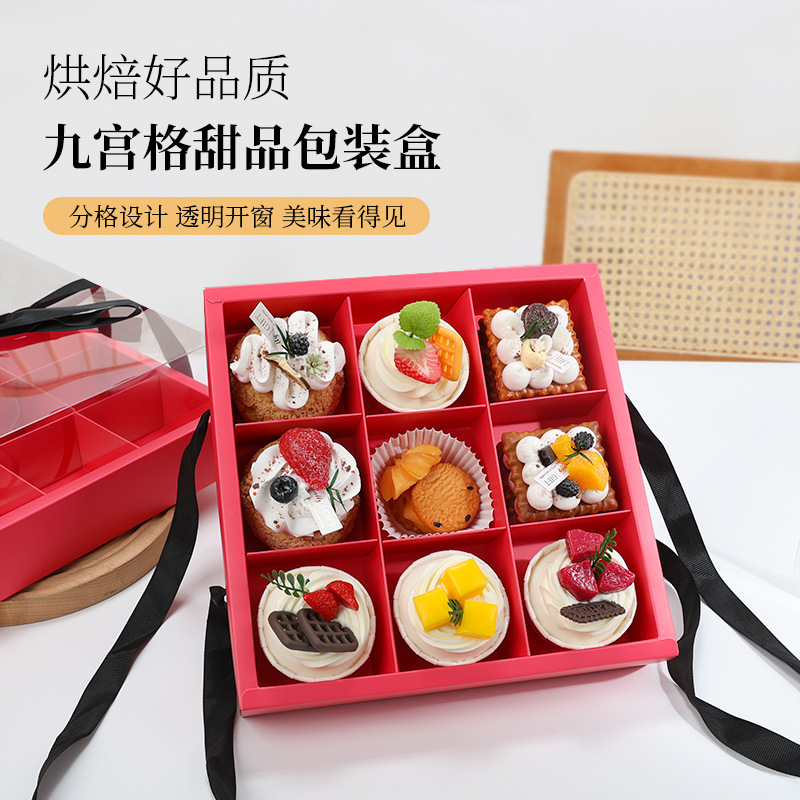 Rosa roja 9 taza de rejilla de palacio taza de papel caja de pastel portátil caja de empaque de postre transparente para llevar caja de picnic de frutas