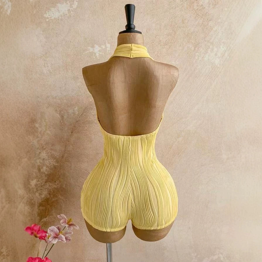 American Retro Wavy Striped Halter Neck Jumpsuit Shorts For Women Deep V Hollow Out Slim Fit Knit Jumpsuit_ecoleips.com