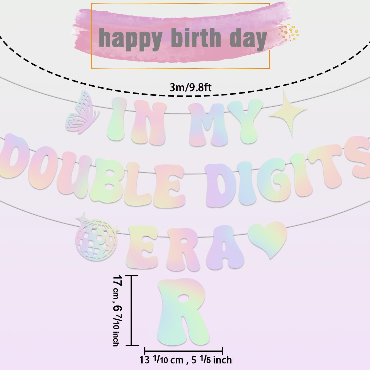 Cross-border In My Double Digits Era Bandera en polvo brillante fantasía colorida niña banner decoración de cumpleaños