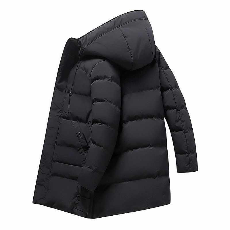Long demi-season down jacket with down, mid-length, increased thickness