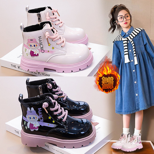 Girls 'Martin boots for autumn and winter with velvet to keep warm, new fashion leather boots for middle and large children, cartoon all-matching soft sole leather boots