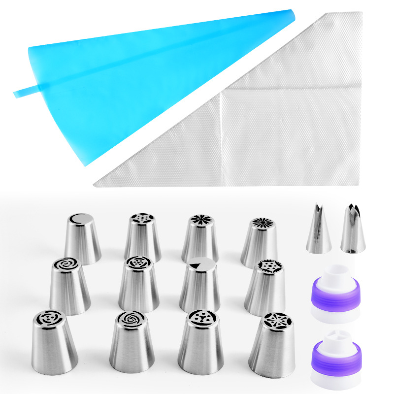 Juego de boca decorada rusa roja de malla de acero inoxidable sin costura de una pieza Juego de 27 piezas Decoración de galletas de crema Horneado