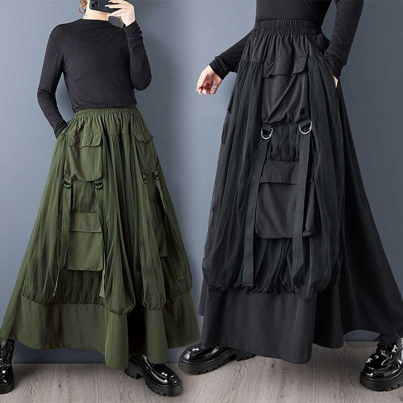Real Shot of the New Spring & Fall Dark Style Mesh Splicing Large Flap Pocket Pants Loose Tutu Skirt Versatile Slimming Look A-Line Skirt