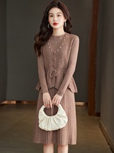恒源祥羊毛衫女收腰马甲两件套装针织连衣裙秋冬季镶钻羊绒毛衣裙