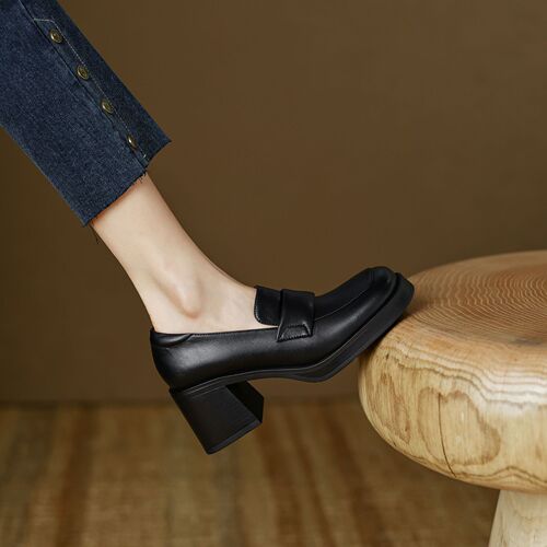 ~Thick high-heeled loafers 2024 spring washed cowhide one-legged square-toed single shoes French retro high heels