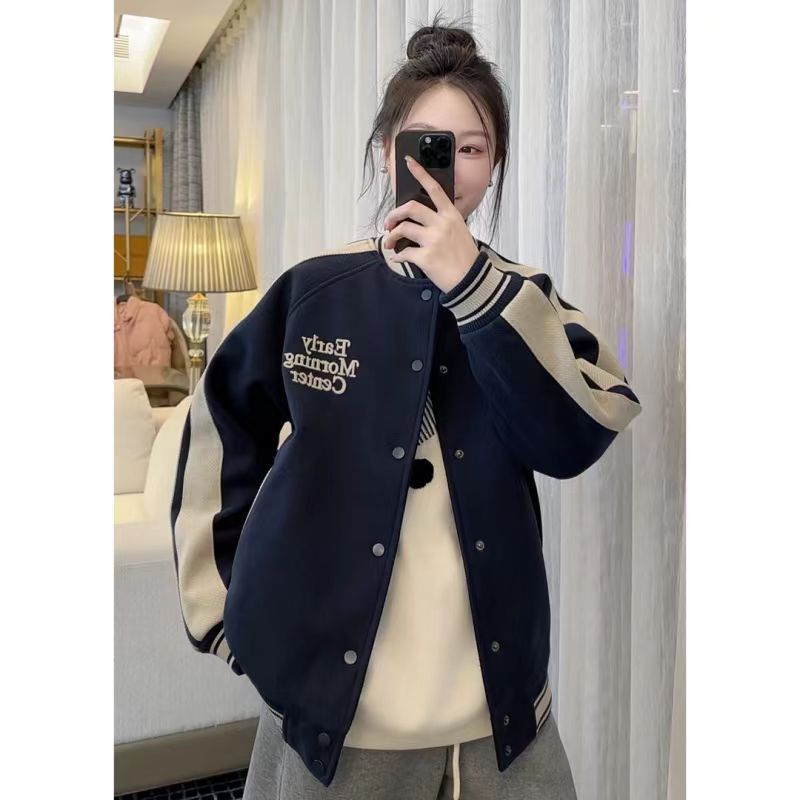 American Retro Baseball Jacket for Women, Autumn and Winter, Color-Blocking Design, Loose Fit, Slimming, Fleece-Lined, Thickened Jacket Top