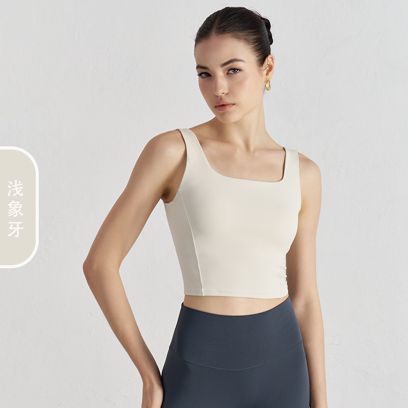 Ropa de yoga de copa fija integrada desnuda NU, ropa interior deportiva corta sin mangas para mujer, chaleco de yoga con tirantes anchos
