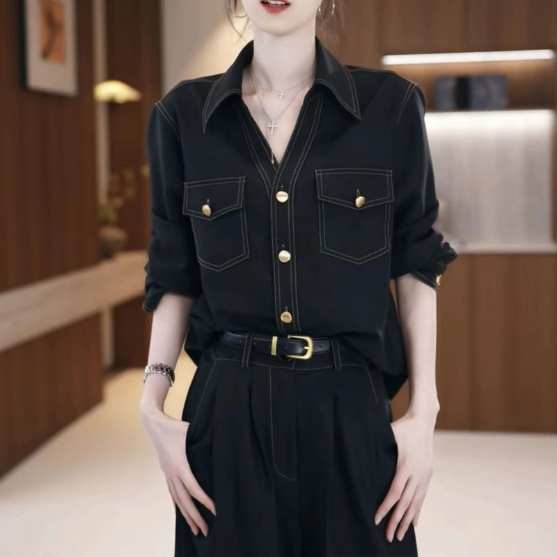 黑色工装风连体裤女秋季2025年新款显瘦翻领衬衫得体风高级感套装|undefined