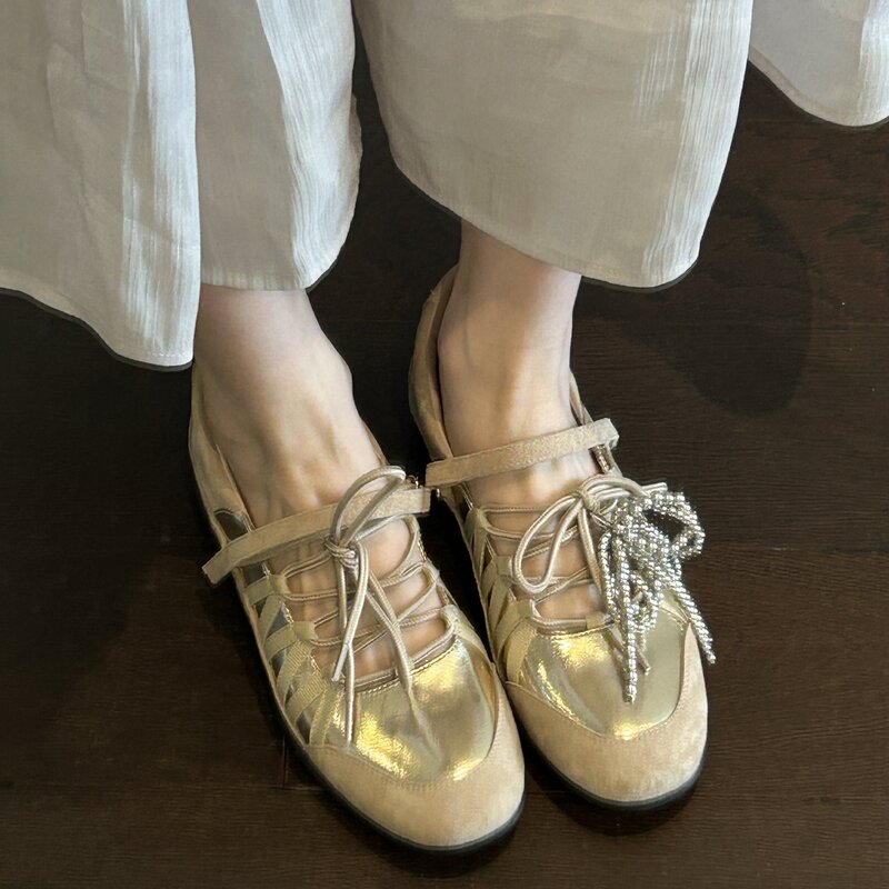 Women's 2026 New Model Height-Increasing Vintage High-End Gold Lace-Up Ballet Flats, Hollowed-Out Versatile Comfortable Single Shoes for Autumn Women's 2026 New Model Height-Increasing Vintage High-End Gold Lace-Up Ballet Flats, Hollowed-Out Versatile Comfortable Single Shoes for Autumn