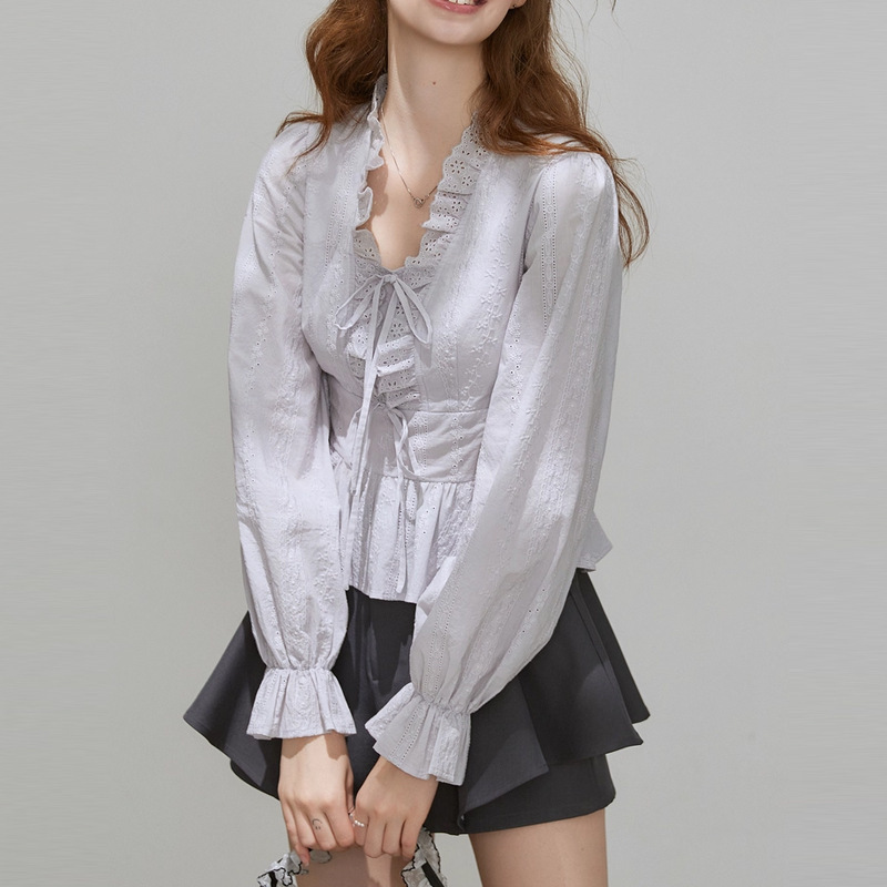 2025 New Autum French Shirt Women's Long-Sleeved Puff Sleeve Design V Neck Thin Top Simple Work Clothing