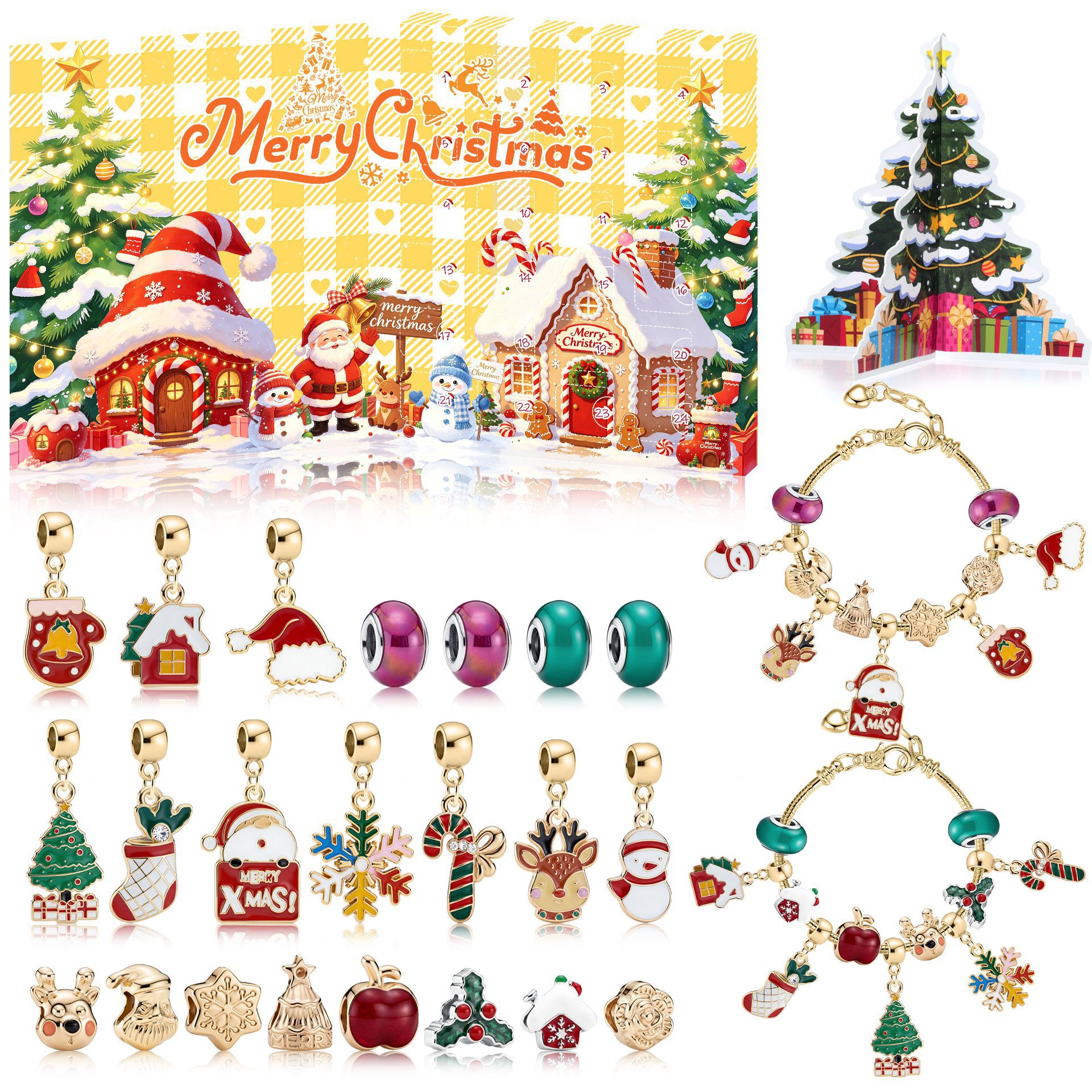 Cross-Border Best-Selling Santa Claus Snowhouse Calendar Surprise Blind Box Children's DIY Bracelet and Necklace Set Holiday Gift