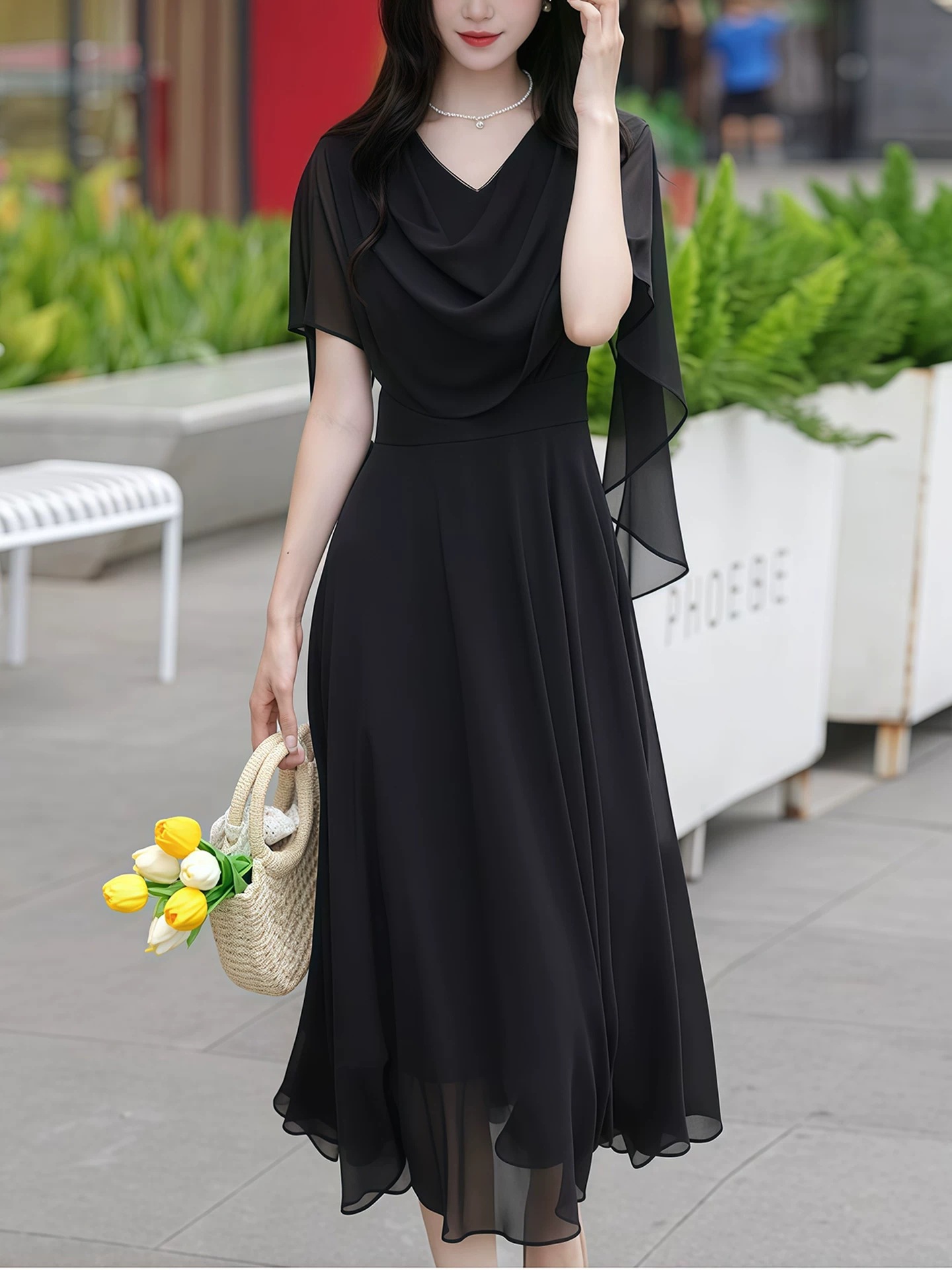 Black shiffon elegant elite long fitted design summer dress