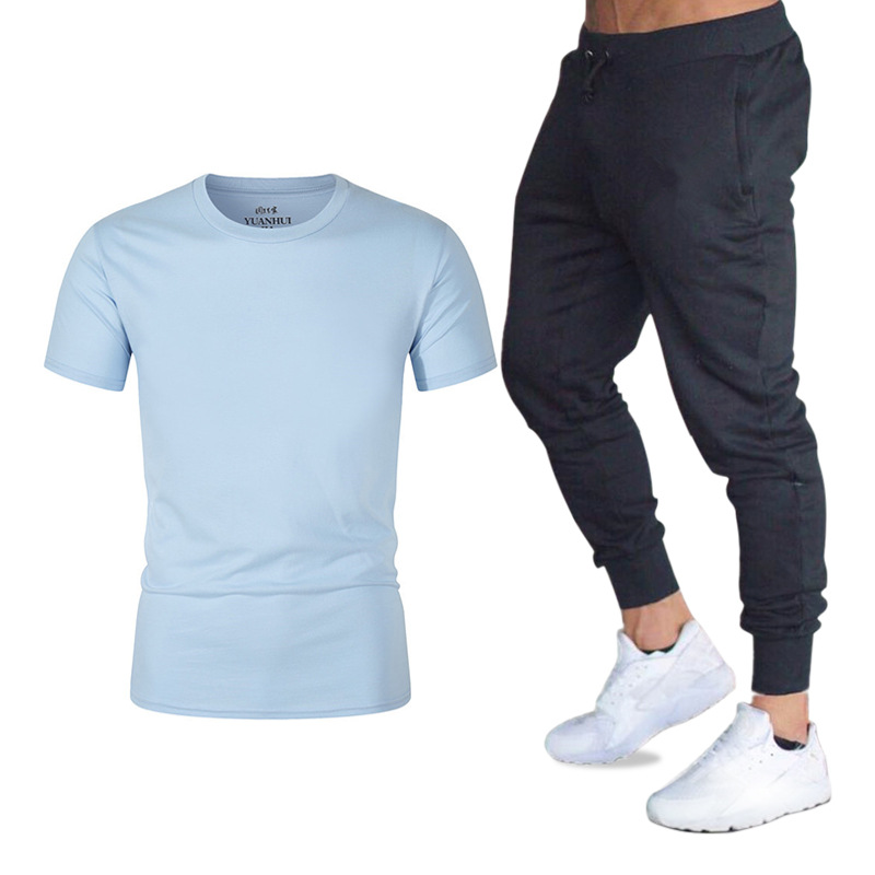 Traje de verano, ropa deportiva, conjunto de dos piezas de camiseta holgada de manga corta y pantalones largos para hombre, camiseta Gildan deportiva de moda