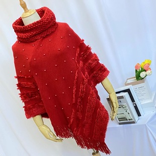 2022 Autumn/Winter European and American Style Solid Color Cape Shawl High-Neck Beaded Knit Tassel Versatile Shoulder Wrap