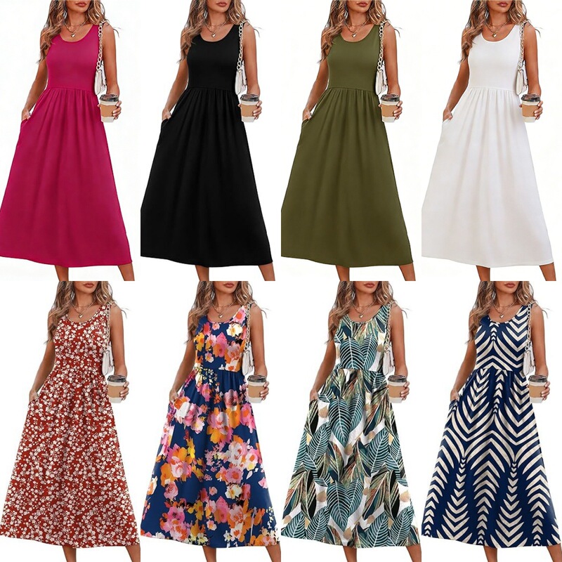 Cross-Border Foreign Trade Women's Summer European and American Style Halter Neck Printed Flared Sleeveless Tank Dress with Pockets Cross-Border Foreign Trade Women's Summer European and American Style Halter Neck Printed Flared Sleeveless Tank Dress with Pockets