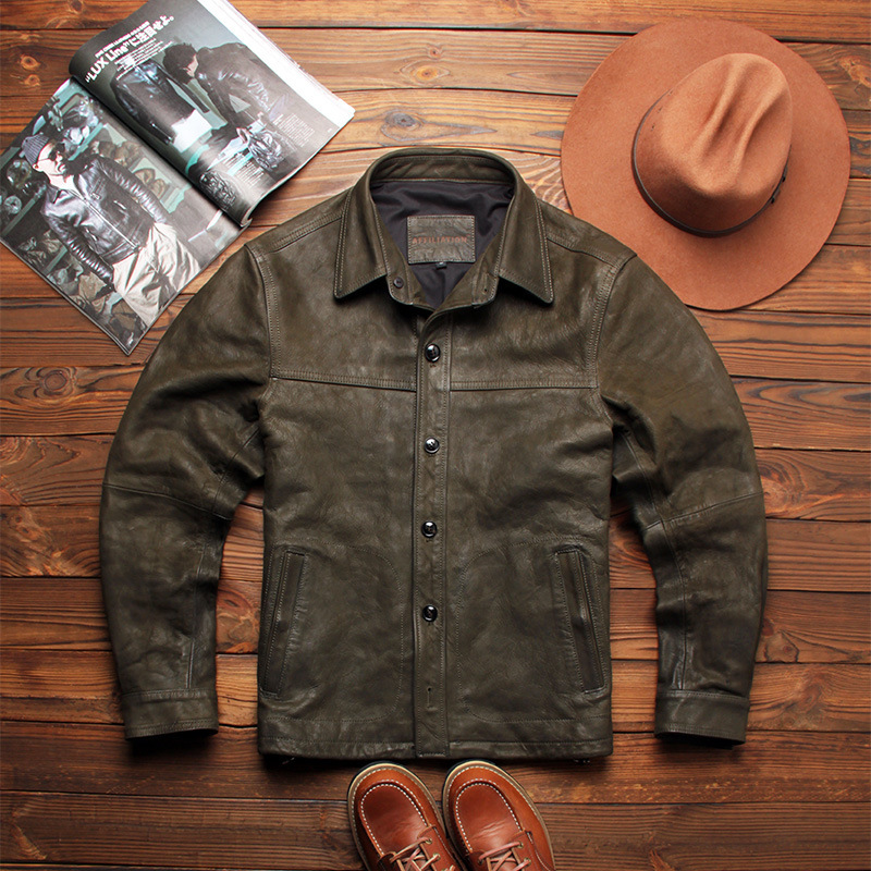 American Retro Dark Green Batik Goatskin Genuine Leather Jacket Men's Lapel Slim Casual Workwear Leather Jacket