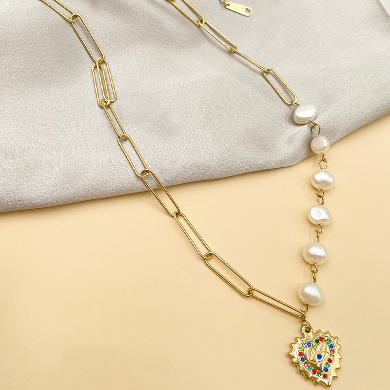 Retro Heart Shape Stainless Steel Pearl Titanium Steel Plating Inlay Zircon Pendant Necklace 1 Piece