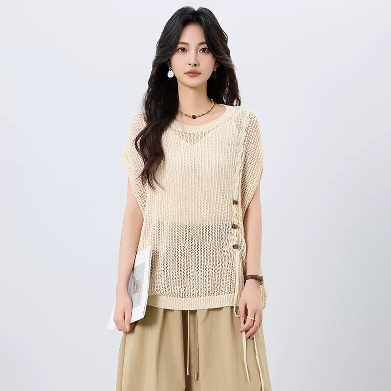 [本初]设计感镂空抽绳短袖针织衫女春夏薄款圆领套头叠穿罩衫上衣