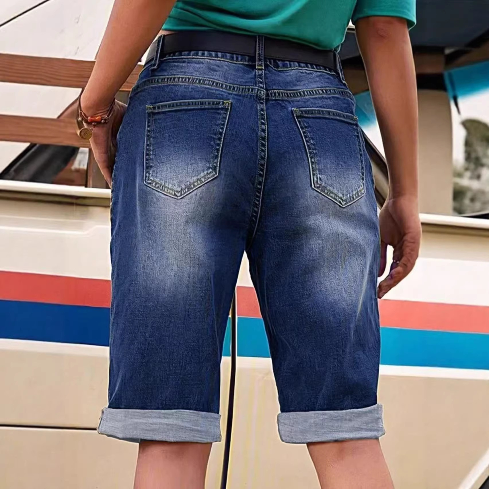 Jeans Capri con Roturas para Mujer, Mezclilla de Algodón y Poliéster, Ligeramente Elástico, Retro, para Uso Diario