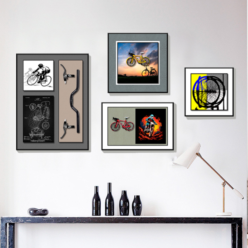 Sofá de sala de estar pared de fondo conjunto de pinturas múltiples combinación de bicicleta 3D tridimensional arte de sentido avanzado decoración creativa pintura colgante