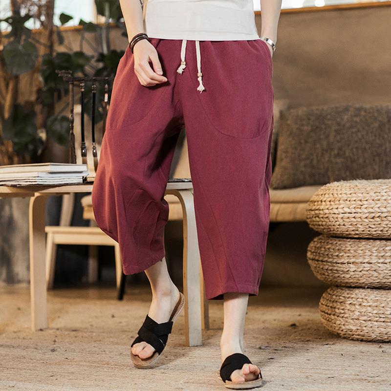 Pantalones cortos, pantalones cortos para hombre, pantalones de estilo chino, pantalones finos de lino de verano, pantalones anchos sueltos de algodón y lino, pantalones casuales de 7 puntos