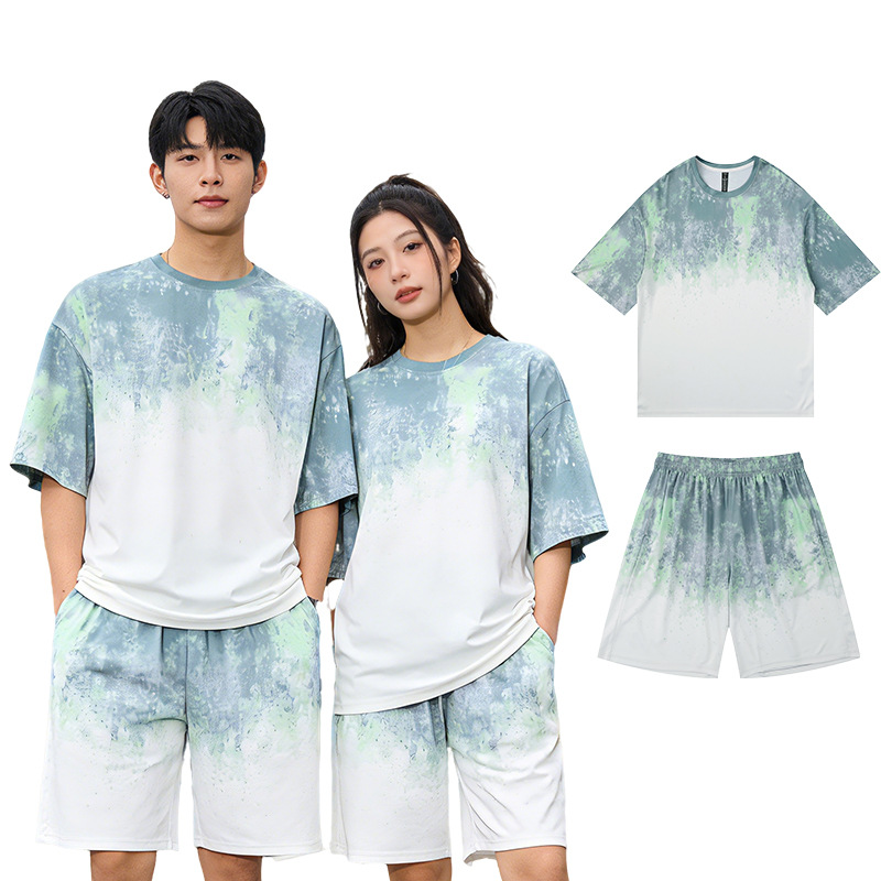Transfronterizo americano tie-dying casual set hombre verano suelto hielo camiseta de cuello redondo de manga corta rápida secado pantalones cortos deportivos de moda
