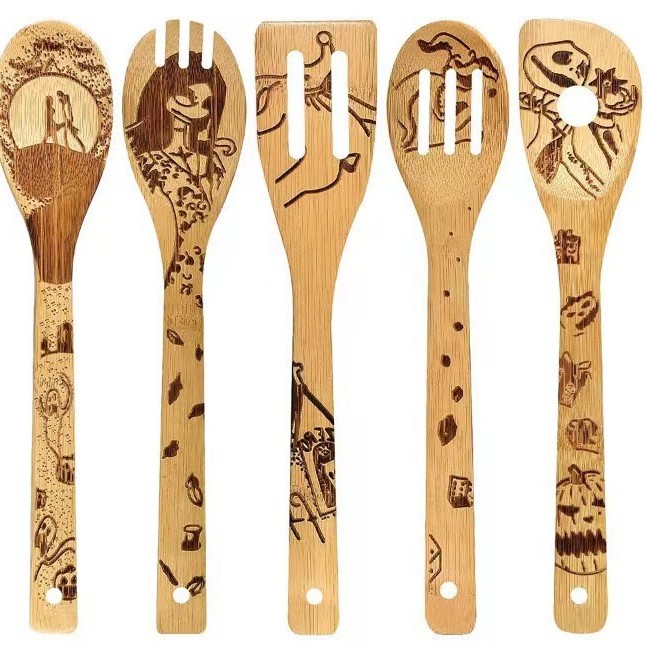 Amazon láser pala de bambú Comercio exterior cocina utensilios de cocina láser grabado logotipo bambú cuchara pala traje