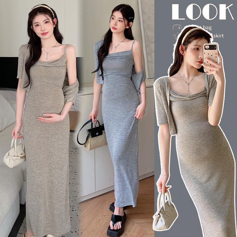 Maternity Summer Dress, Fashionable and Simple 2-Piece Set, Stylish Long Dress Set for Hot Moms