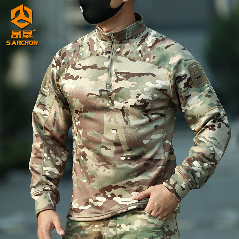 Angken Winter Outdoor Camouflage Long-Sleeved Frog Jacket Men's Tactical Fleece-Lined Warm Military Fan Fleece Slim Fit Training Suit