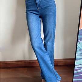 6066法式蓝色修身显瘦高级感弹力高腰微喇牛仔裤女春夏喇叭长裤子