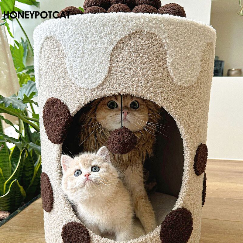 ハニーポット猫の棚猫の巣猫の木の一体真珠ミルクティーの桶の大きいサイズの冬の暖かいテディの毛の猫の桶221226|undefined