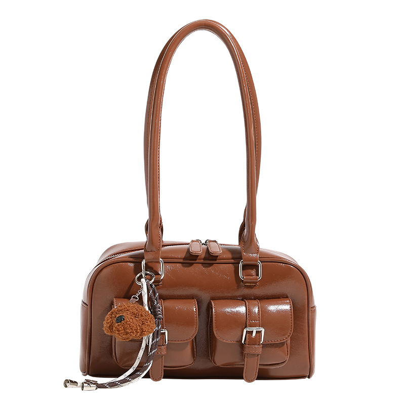 Boston Bag Gewachste Lederkissentasche Für Damen 24 Herbst Und Winter Neue Pendler Bowlingtasche Handtasche Umhängetasche_voghion.com