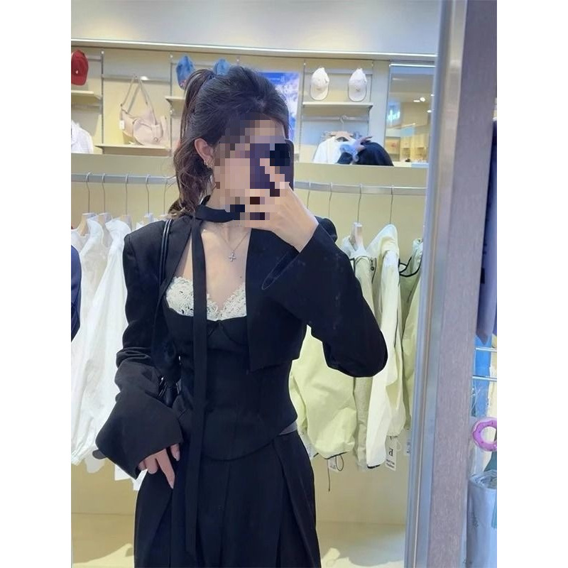春夏季一整套新品感短款黑色西装外套抹胸上衣休闲阔腿裤套装裤子|undefined