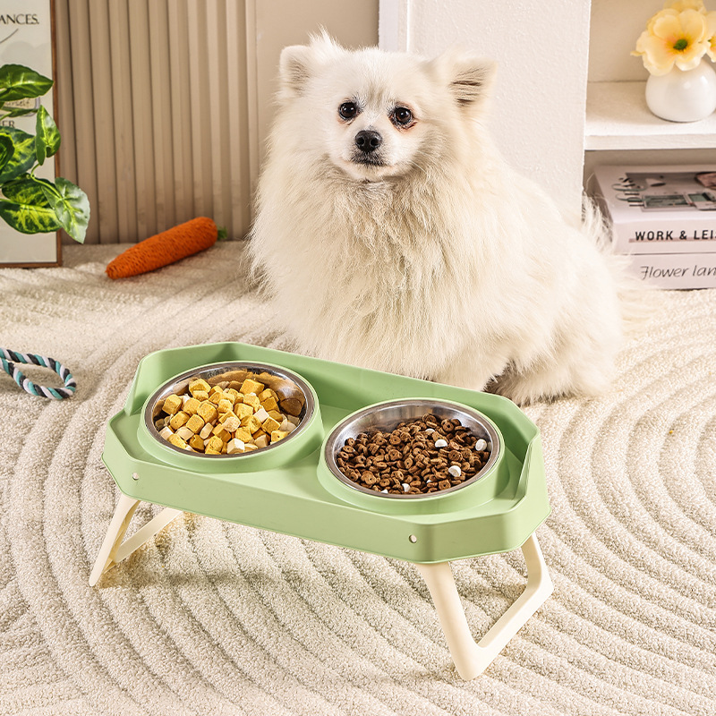 Anti-spill elevated stainless steel cat bowl, neck-protecting cat food and water bowl, anti-black mouth double bowl, durable
