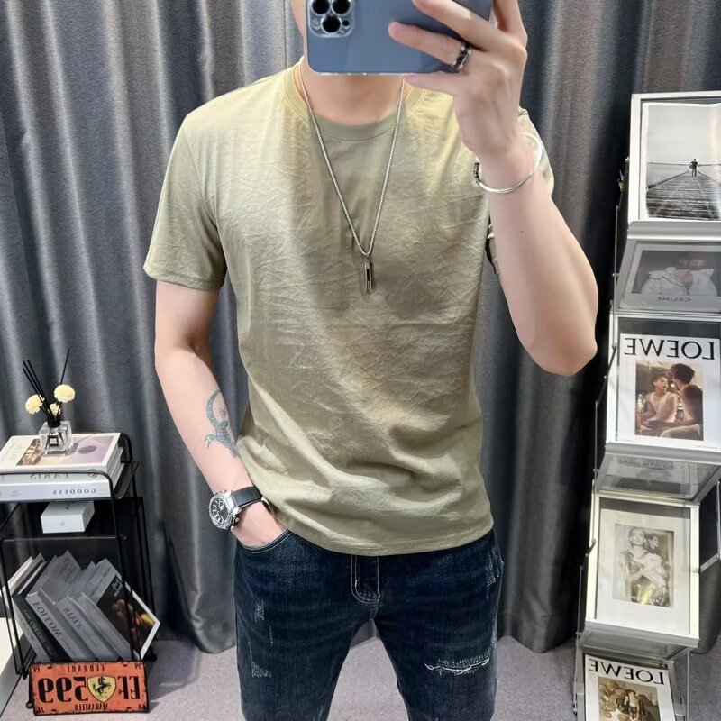2024 여름 새로운 텐셀 코튼 리넨 반팔 티셔츠 남성용 솔리드 컬러 쿨 리넨 아이스 실크 남성용 통기성 트렌디 브랜드 셔츠