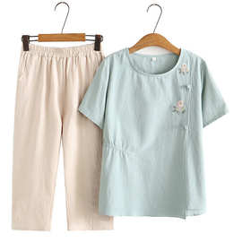 跨境外贸夏装新款棉麻套装女中老年装妈妈装刺绣短袖上衣两件套