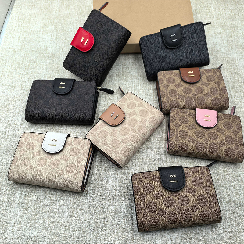 2025 New Signature 13 Buckle Logo Short Wallet Vintage Coated Old Flower Card Bag Coin Purse