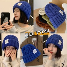 大头围针织堆堆帽女秋冬季粗麻花保暖毛线帽子显脸小克莱因蓝冷帽