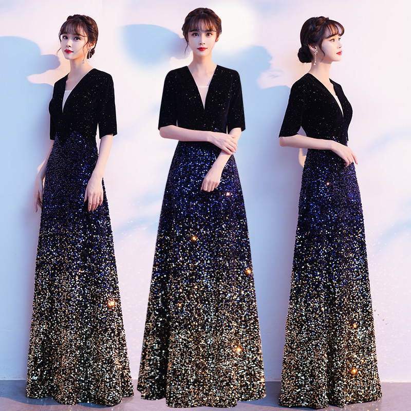 High-End Gradient Long Conductor's Uniform for Women, Slim-Fitting Host Evening Dress