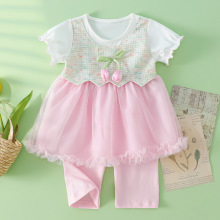 工厂批发跨境儿童裙子两件套2025新款韩版玫瑰花短袖女童连衣裙套