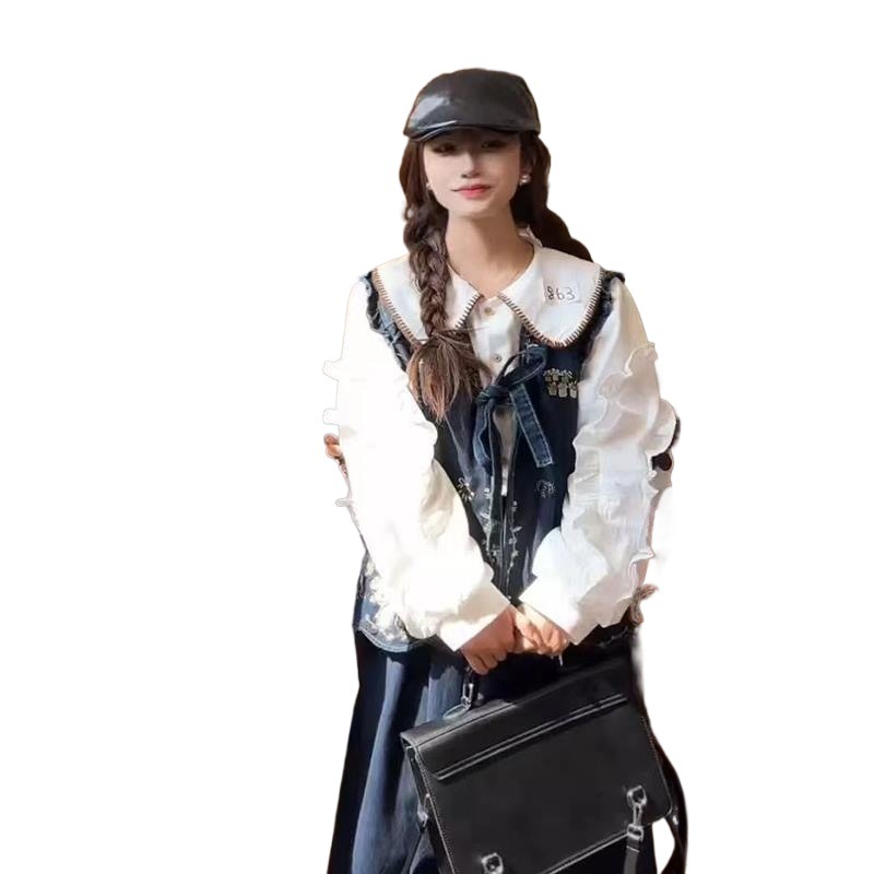 Trzyczęściowy komplet ChicShe z haftem retro, uroczą kieszenią i kamizelką dżinsową w stylu Mori, koronkową koszulą odmładzającą i spódnicą z wysokim stanem_voghion.com