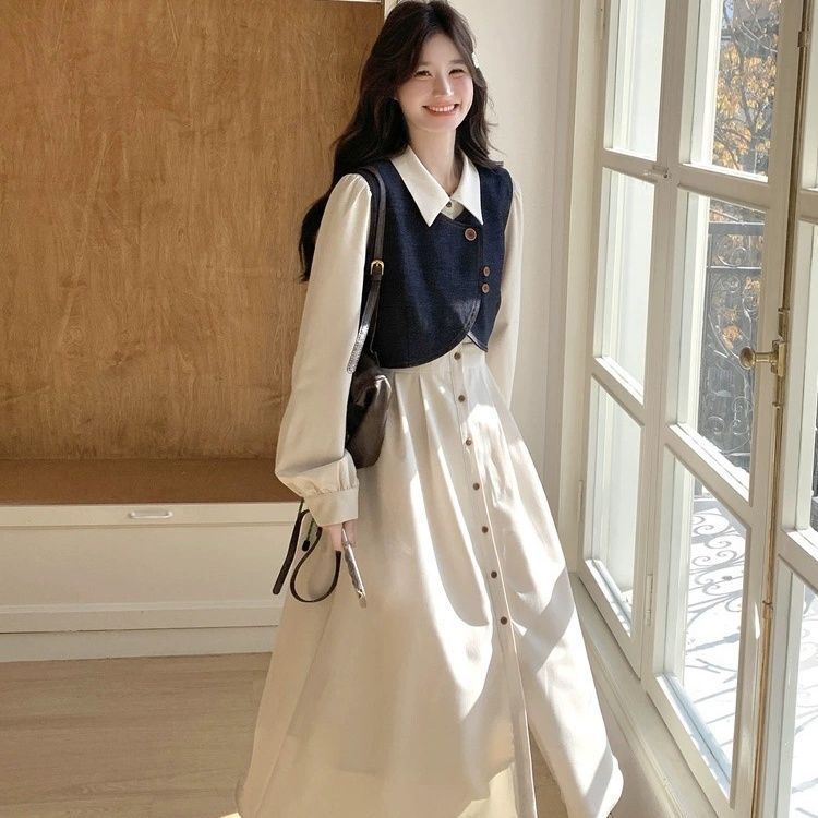 法式气质穿搭牛仔马甲连衣裙套装女2025秋季新款衬衫裙超火两件套|undefined