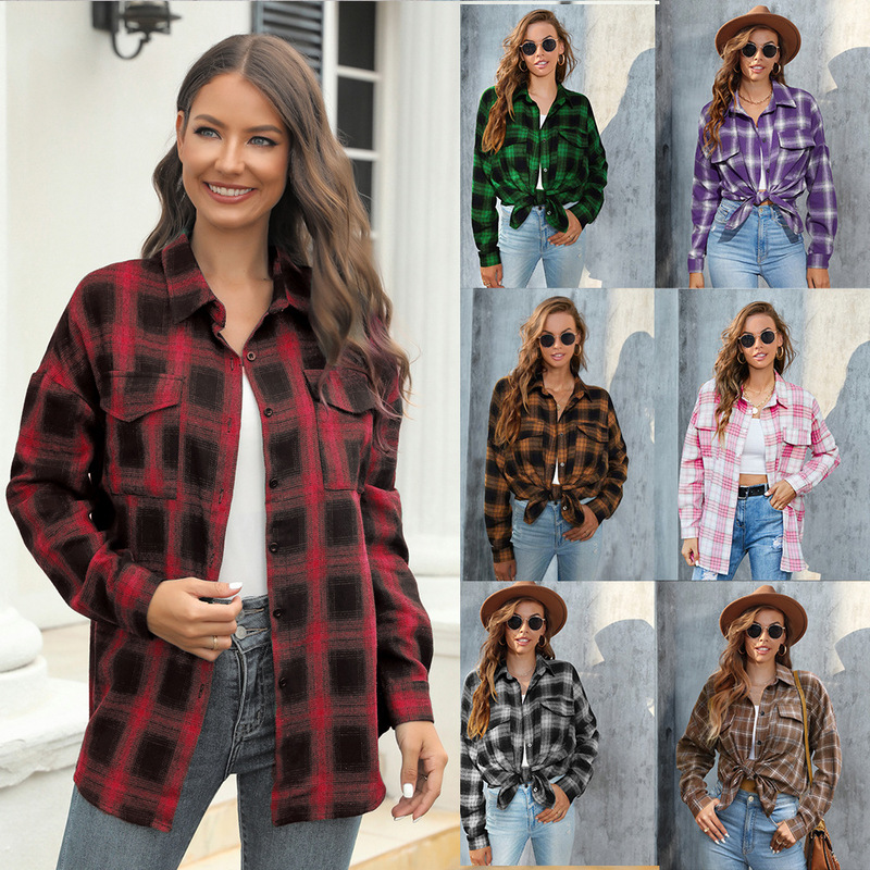 Amazon Cross-Border Women's Long-Sleeve Plaid Button-Up Shirt, Available in All Colors and Sizes, Top Jacket, 2026 New Spring Collection